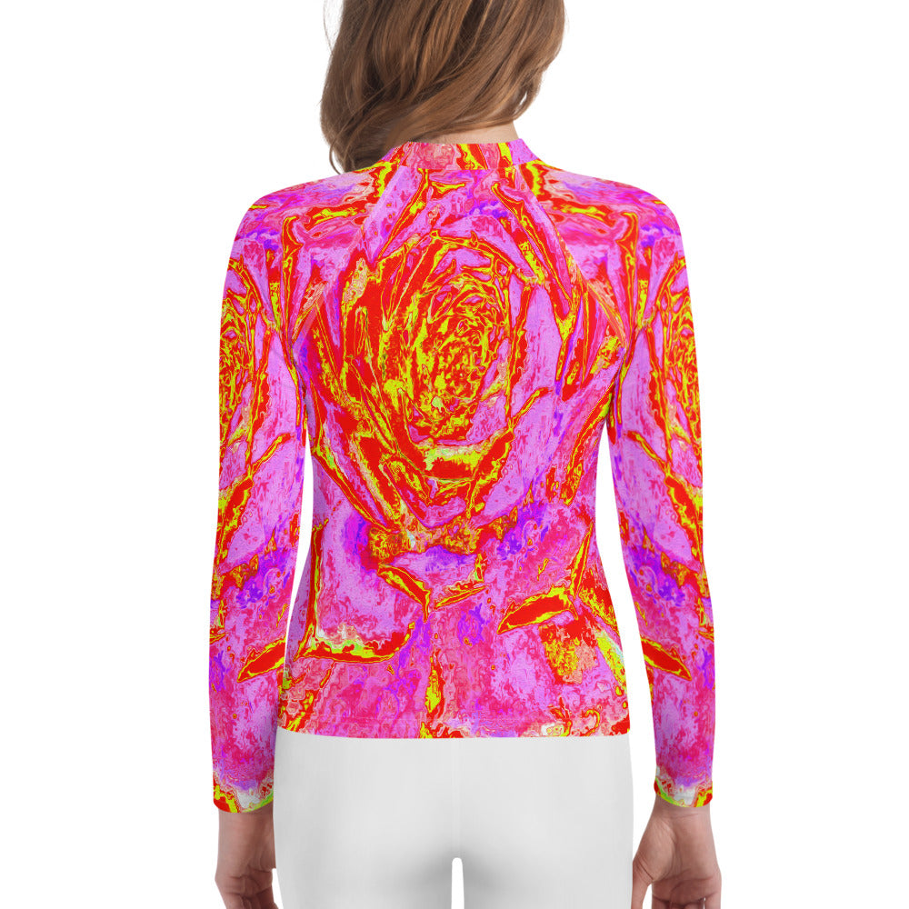 Youth Rash Guard Shirts, Hot Pink, Red and Yellow Succulent Sedum Rosette