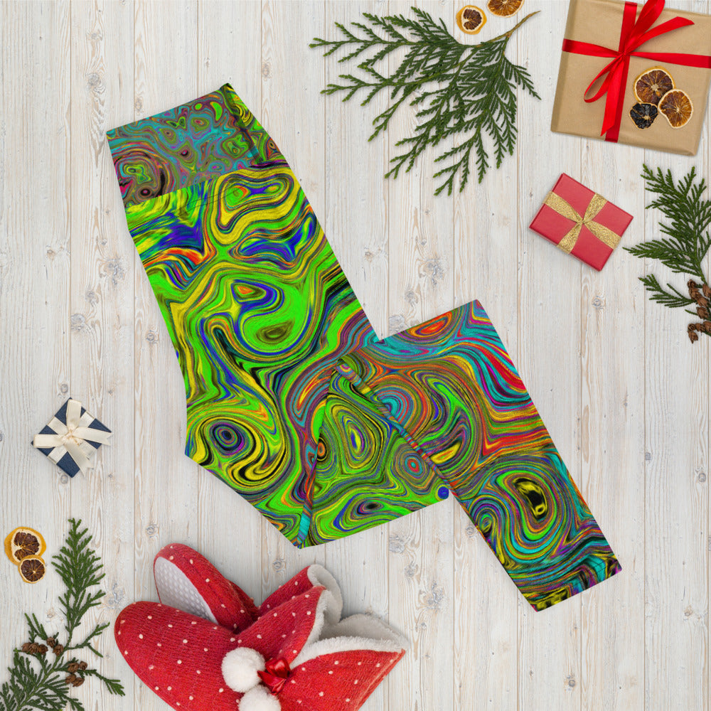 Yoga Leggings for Women, Groovy Abstract Retro Lime Green and Blue Swirl