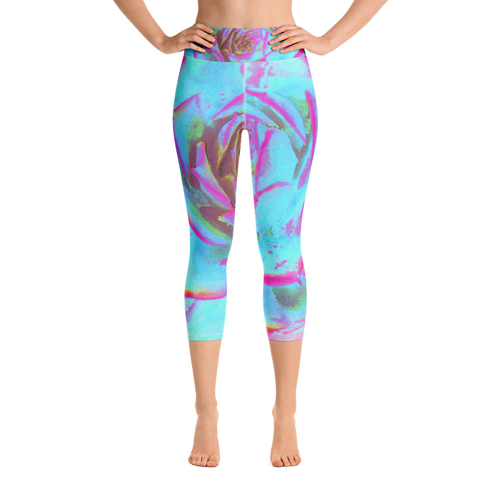 Yoga Capri Leggings, Hot Pink and Blue Succulent Sedum Detail