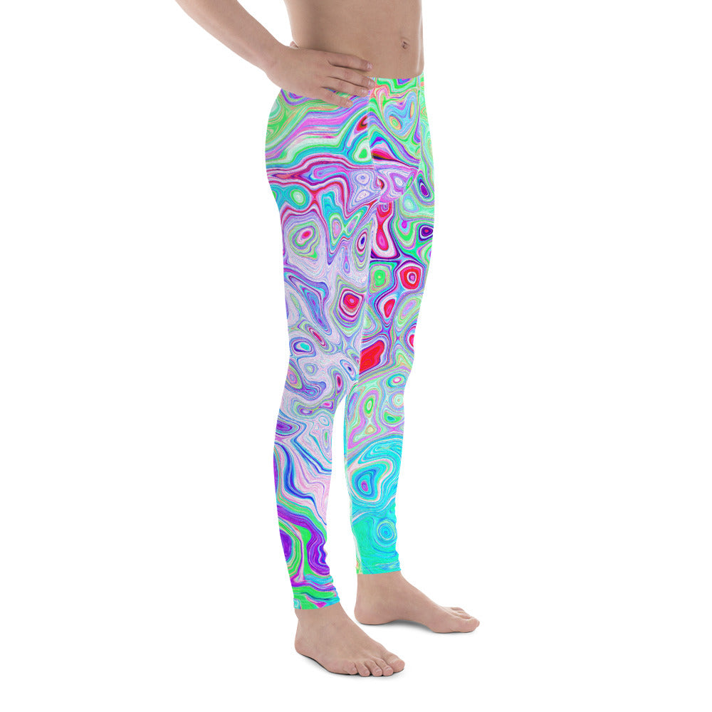 Men's Leggings, Groovy Abstract Retro Pink and Green Swirl