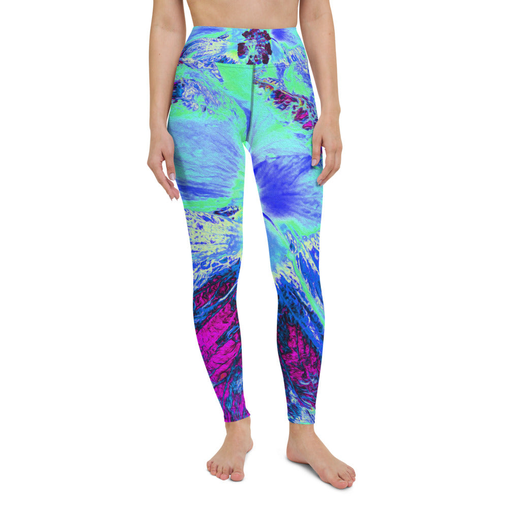 Yoga Leggings for Women, Psychedelic Retro Green and Blue Hibiscus Flower