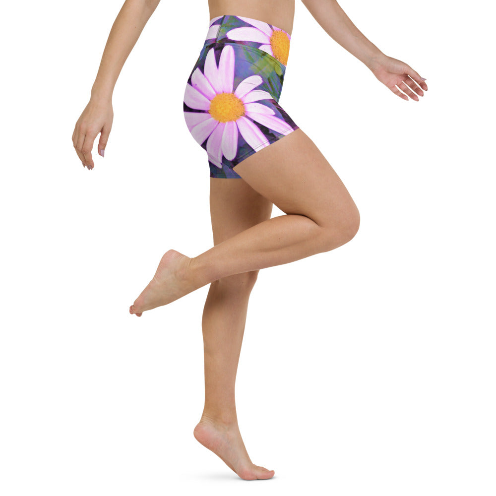 Yoga Shorts for Women, Pink Daisy Flower