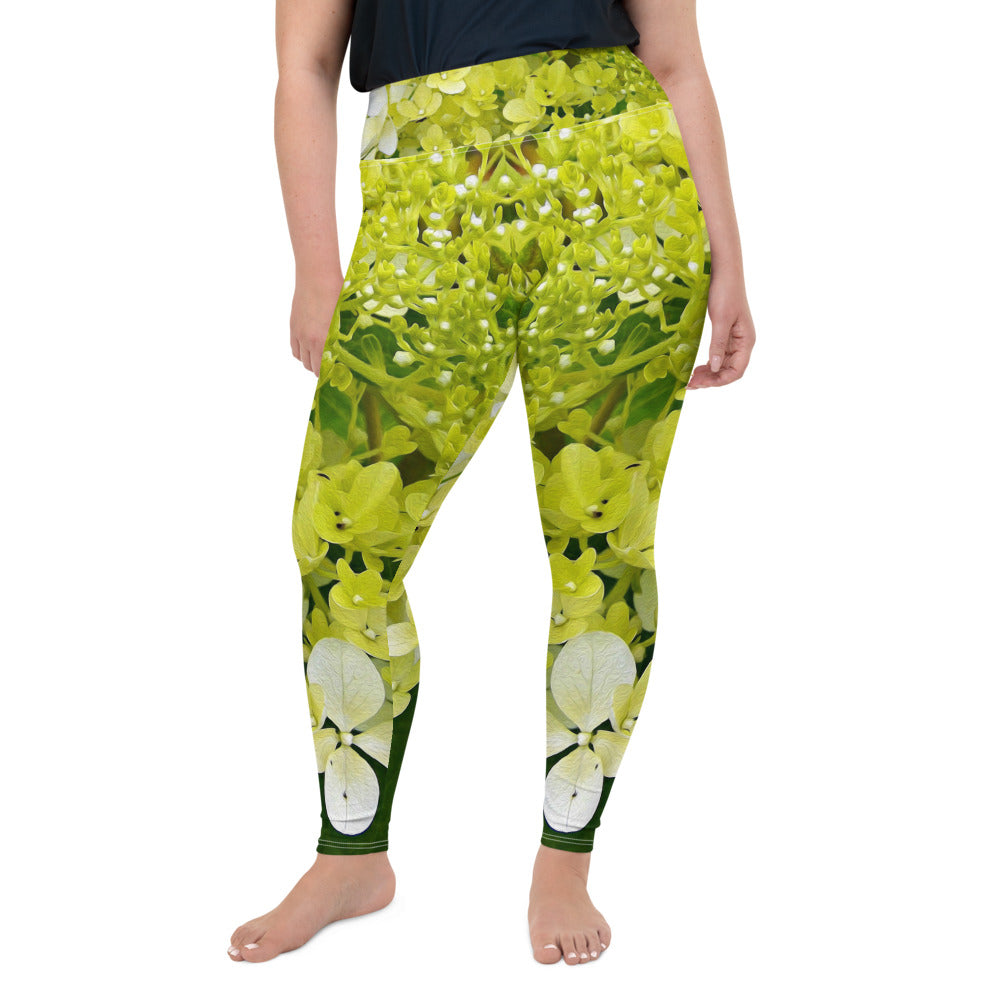 Plus Size Leggings, Elegant Chartreuse Green Limelight Hydrangea
