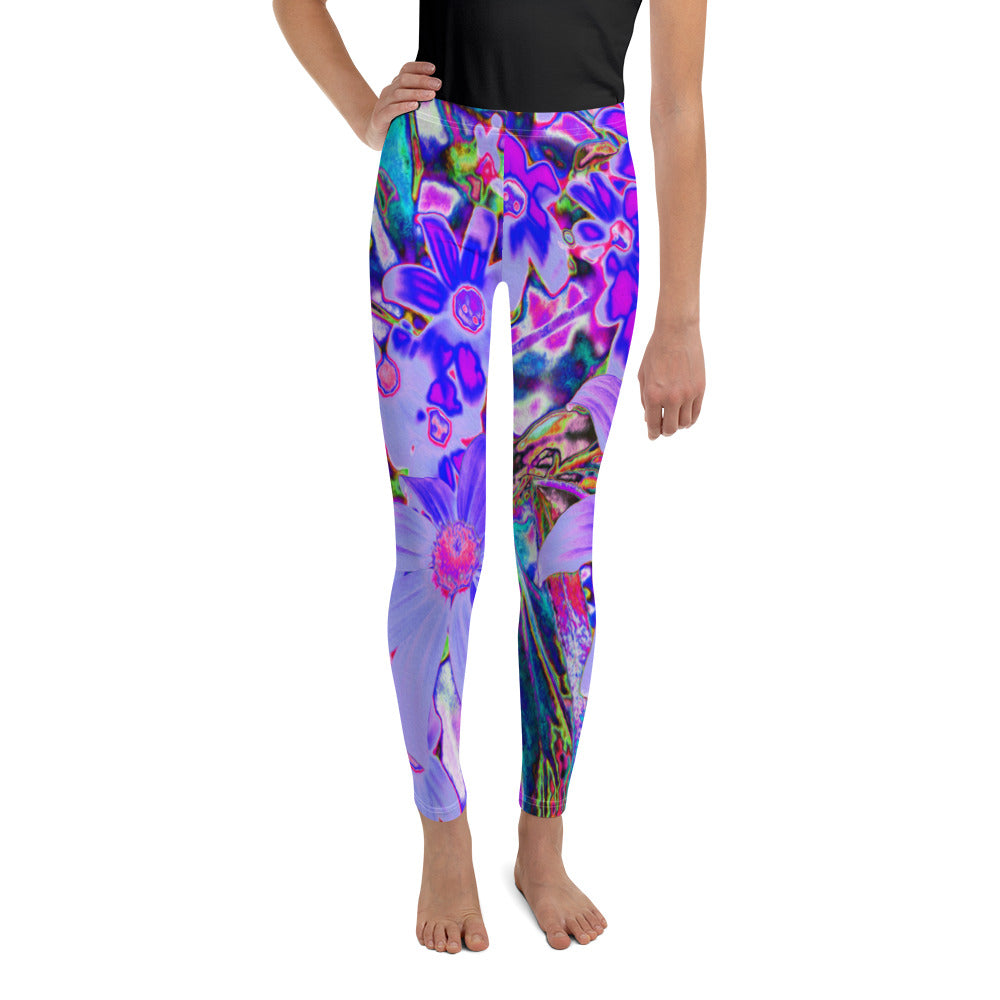 Youth Leggings, Trippy Purple and Magenta Colorful Wildflowers