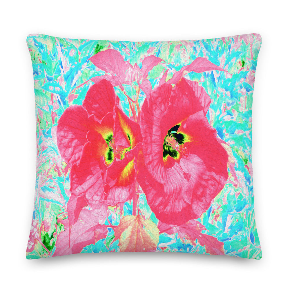 Decorative Throw Pillows, Two Rosy Red Coral Plum Crazy Hibiscus on Aqua, Square