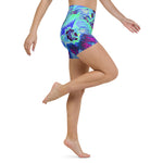 Yoga Shorts for Women, Psychedelic Retro Green and Blue Hibiscus Flower