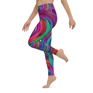 Yoga Leggings, Groovy Abstract Retro Magenta Dark Rainbow Swirl