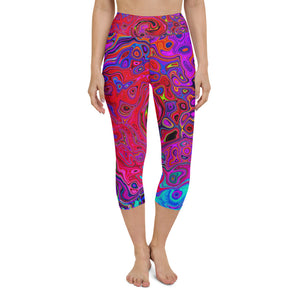 Capri Yoga Leggings, Trippy Red and Purple Abstract Retro Liquid Swirl