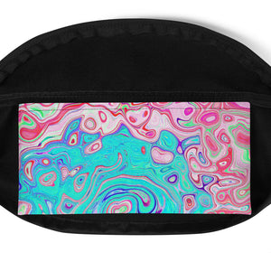 Fanny Packs, Groovy Aqua Blue and Pink Abstract Retro Swirl