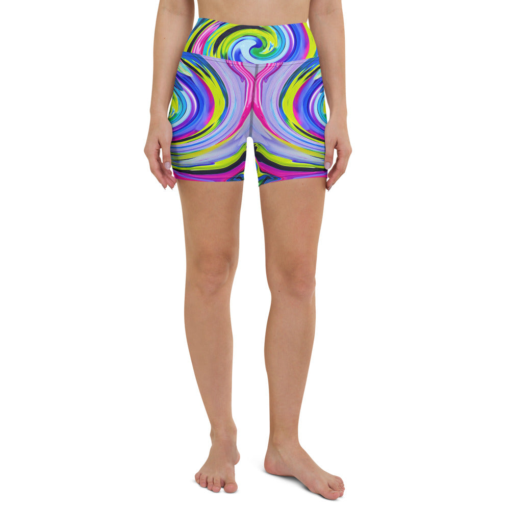 Yoga Shorts, Groovy Abstract Yellow and Navy Blue Swirl