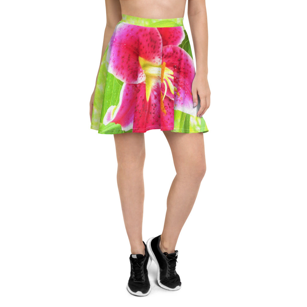 Skater Skirts for Women, Pretty Deep Pink Stargazer Lily on Lime Green