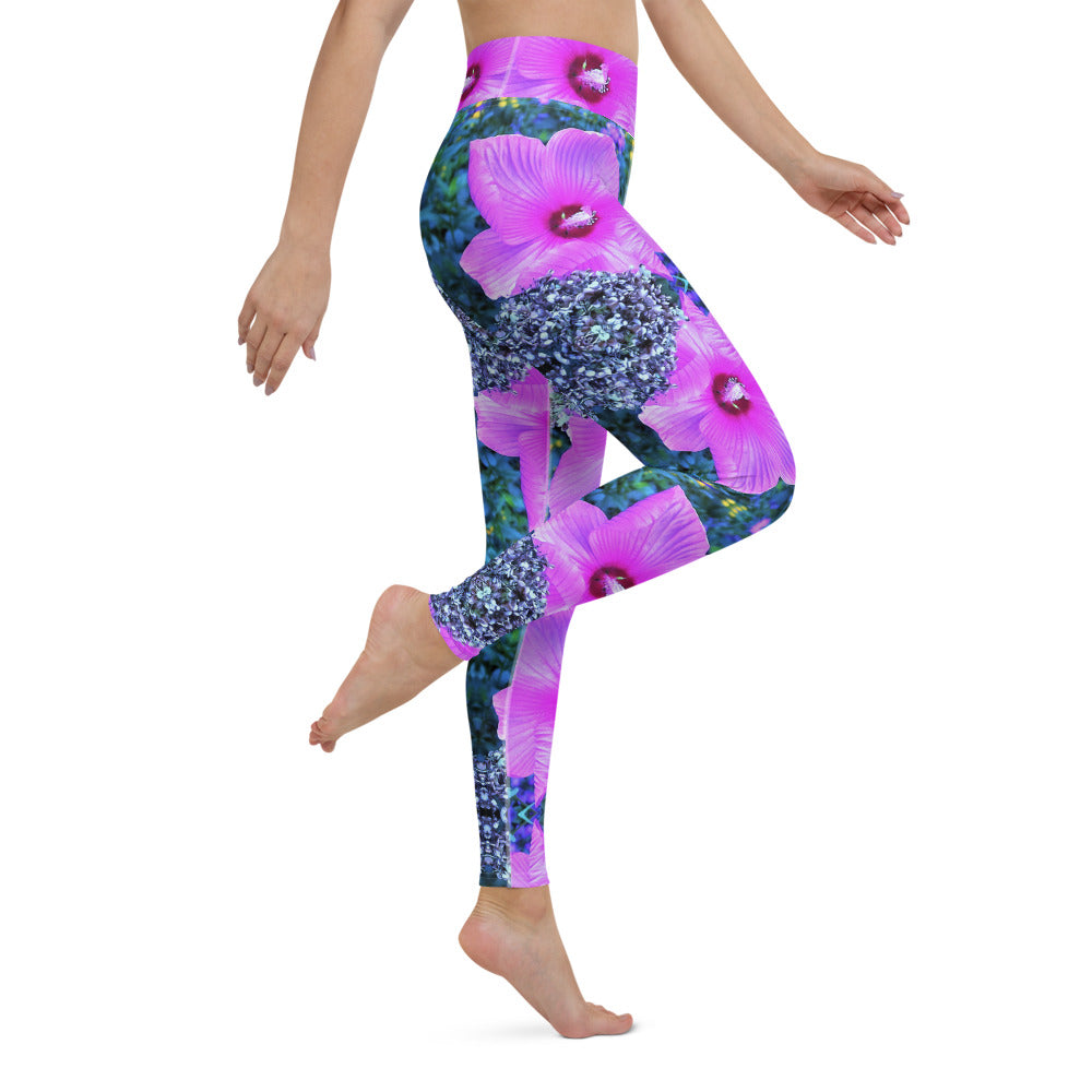 Yoga Leggings, Pink Hibiscus with Blue Hydrangea Foliage