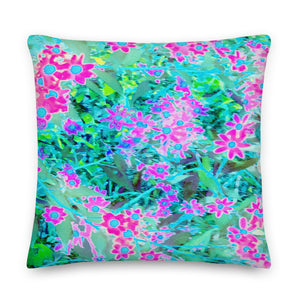 Decorative Throw Pillows, Pretty Magenta and Royal Blue Garden Flowers, Square