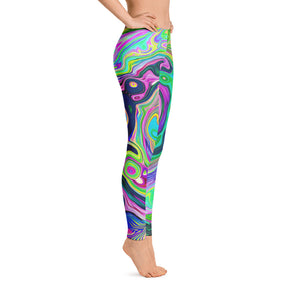 Leggings for Women, Groovy Abstract Aqua and Navy Lava Swirl