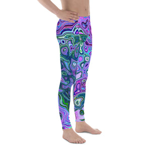 Men's Leggings, Groovy Abstract Retro Green and Purple Swirl