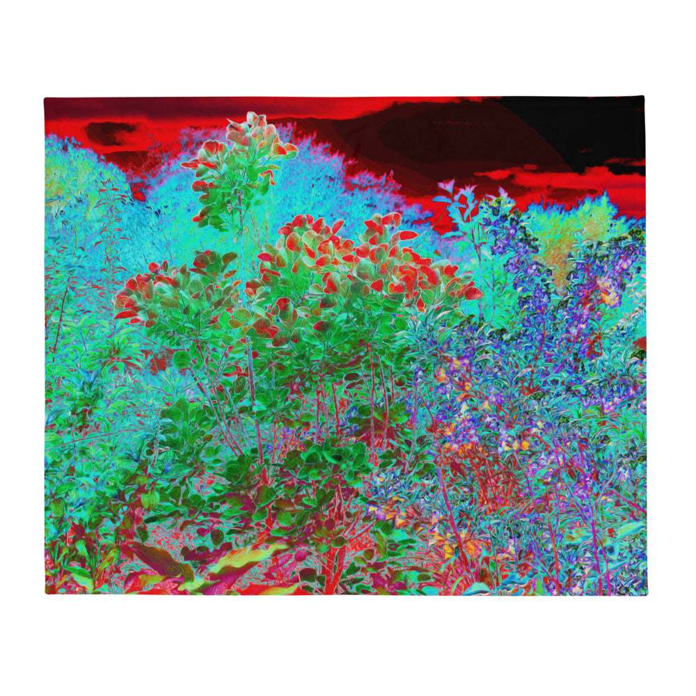 Throw Blankets, Colorful Abstract Foliage Garden with Crimson Sunset