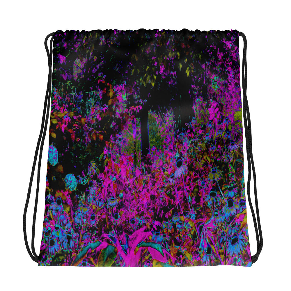Fabric Drawstring Bags, Psychedelic Hot Pink and Black Garden Sunrise