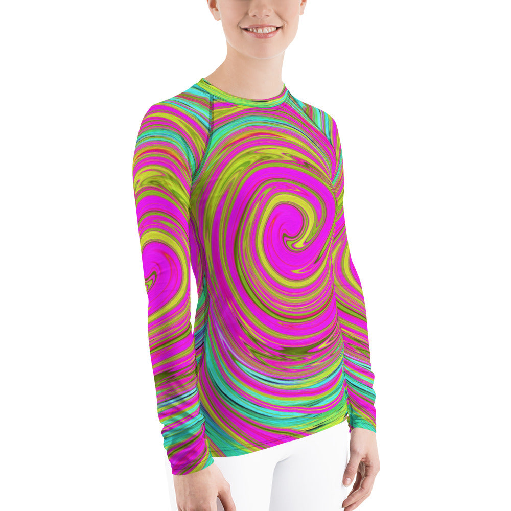 Women's Rash Guard, Groovy Abstract Pink and Turquoise Swirl with Flowers