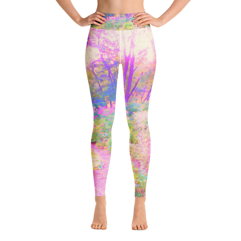 Yoga Leggings for Women, Illuminated Pink and Coral Impressionistic Landscape