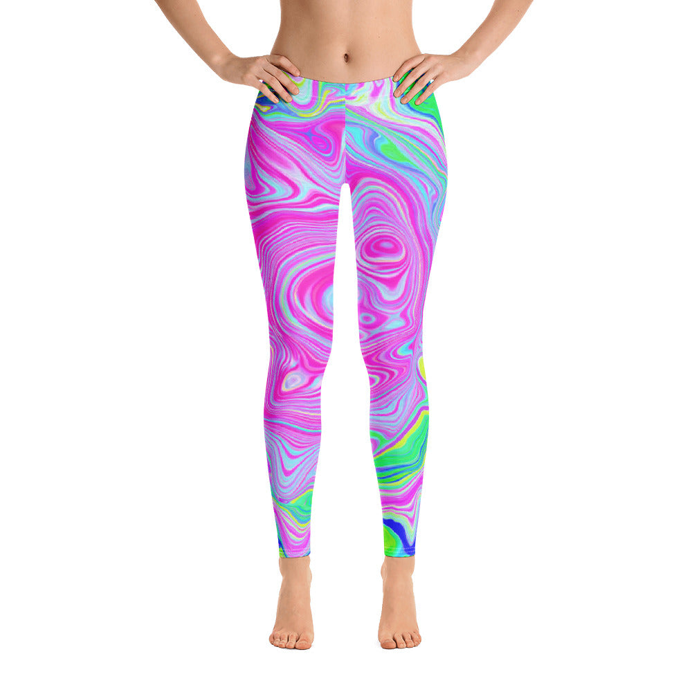 Leggings for Women, Groovy Retro Abstract Hot Pink Liquid Art