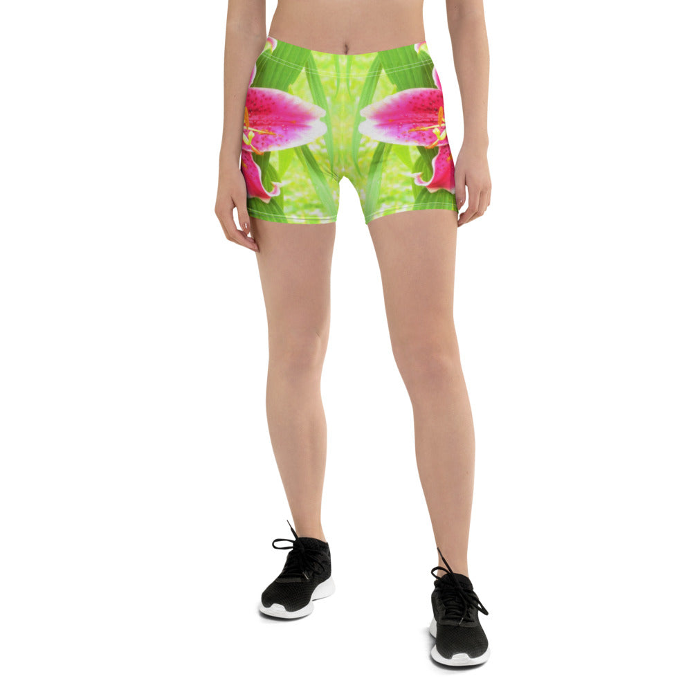 Spandex Shorts for Women, Pretty Deep Pink Stargazer Lily on Lime Green