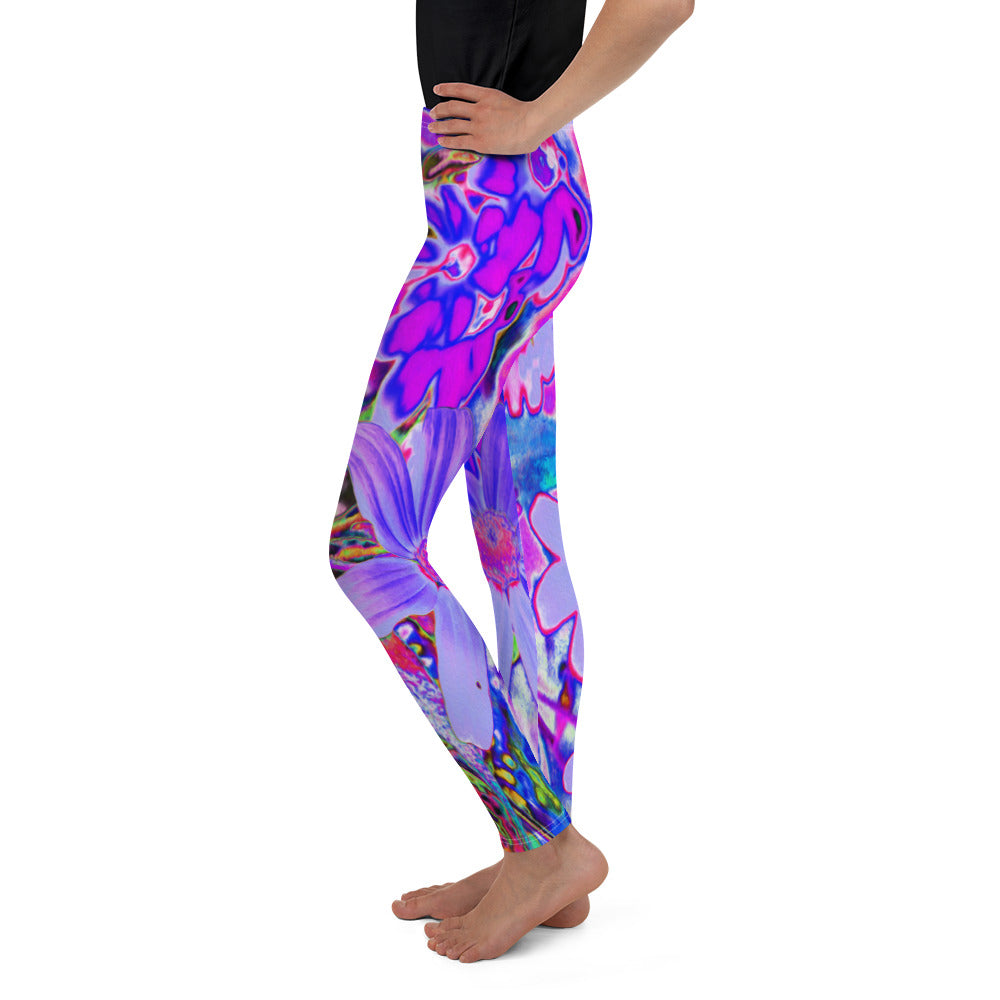 Youth Leggings, Trippy Purple and Magenta Colorful Wildflowers