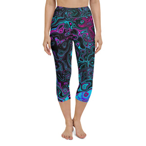Capri Yoga Leggings, Retro Aqua Magenta and Black Abstract Swirl