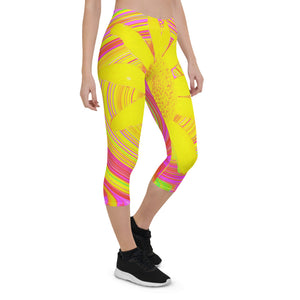 Capri Leggings, Yellow Sunflower on a Psychedelic Swirl