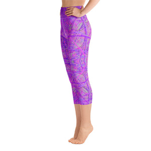 Capri Yoga Leggings, Hot Pink and Purple Abstract Branch Pattern