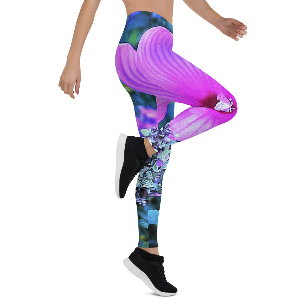 Leggings for Women, Pink Hibiscus with Blue Hydrangea Foliage