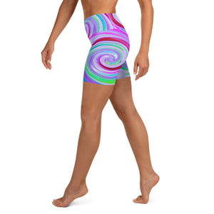 Yoga Shorts, Groovy Abstract Red Swirl on Purple and Pink