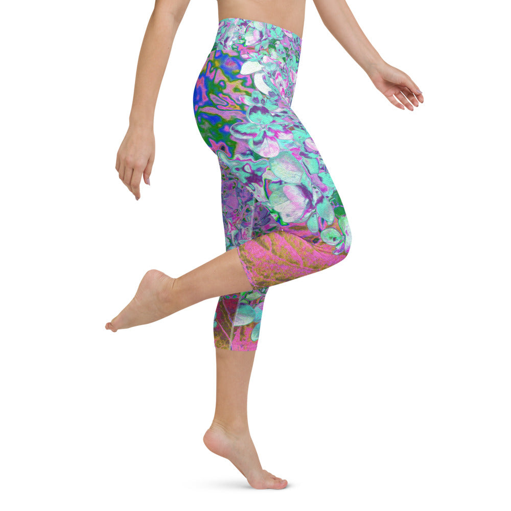 Capri Yoga Leggings, Elegant Aqua and Purple Limelight Hydrangea Detail