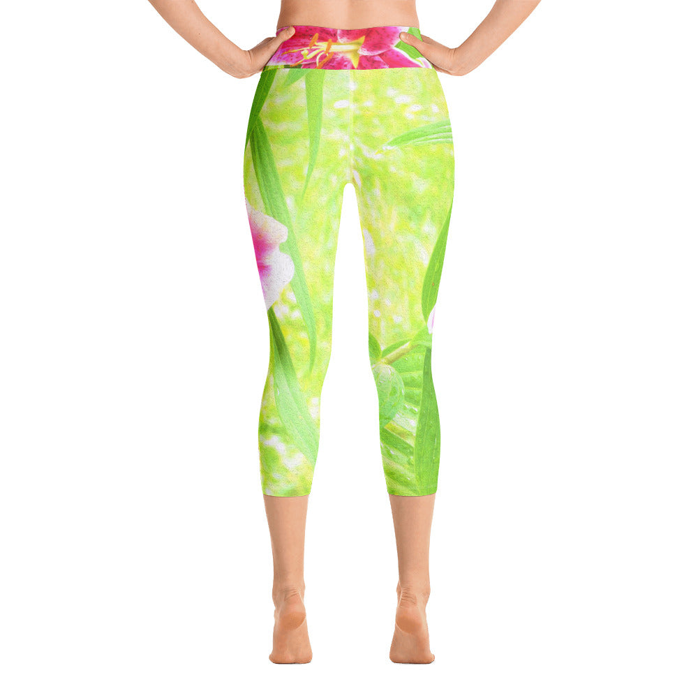 Capri Yoga Leggings for Women, Pretty Deep Pink Stargazer Lily on Lime Green