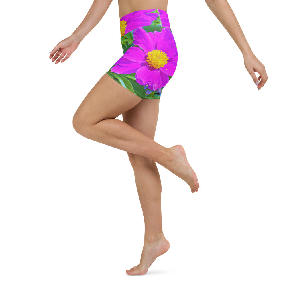 Yoga Shorts, Brilliant Ultra Violet Peony with Yellow Center