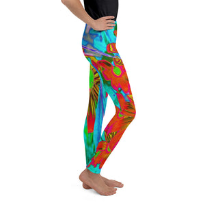 Youth Leggings, Aqua Tropical with Yellow and Orange Flowers for Girls