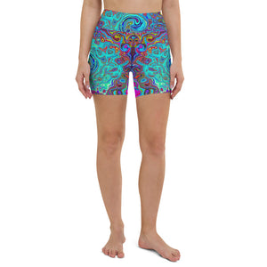 Yoga Shorts, Trippy Sky Blue Abstract Retro Liquid Swirl