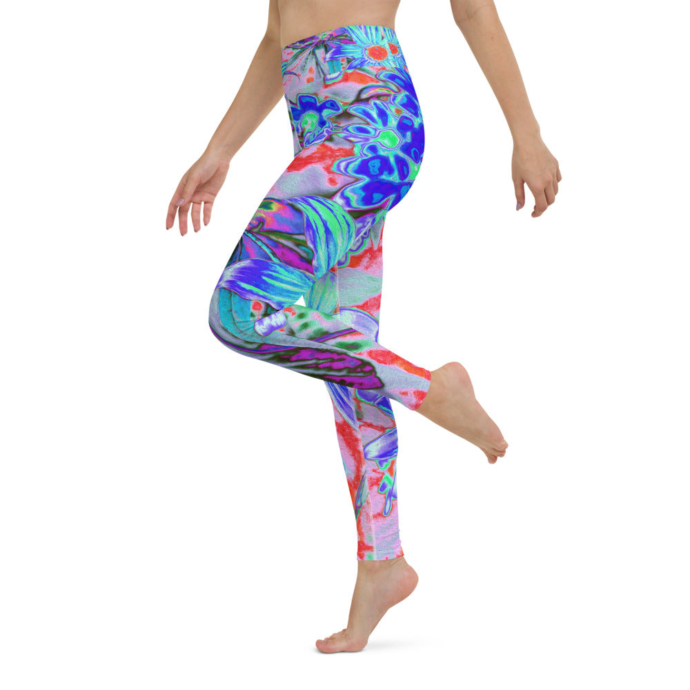 Yoga Leggings, Retro Psychedelic Aqua and Orange Flowers