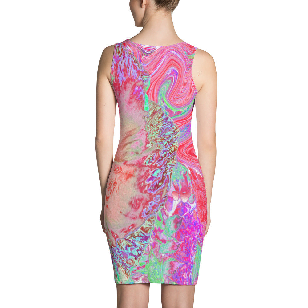 Bodycon Dress, Psychedelic Retro Coral Rainbow Hibiscus