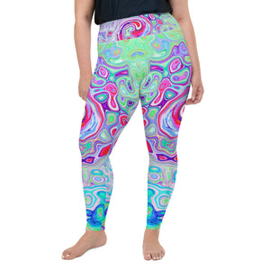 Plus Size Leggings, Groovy Abstract Retro Pink and Green Swirl