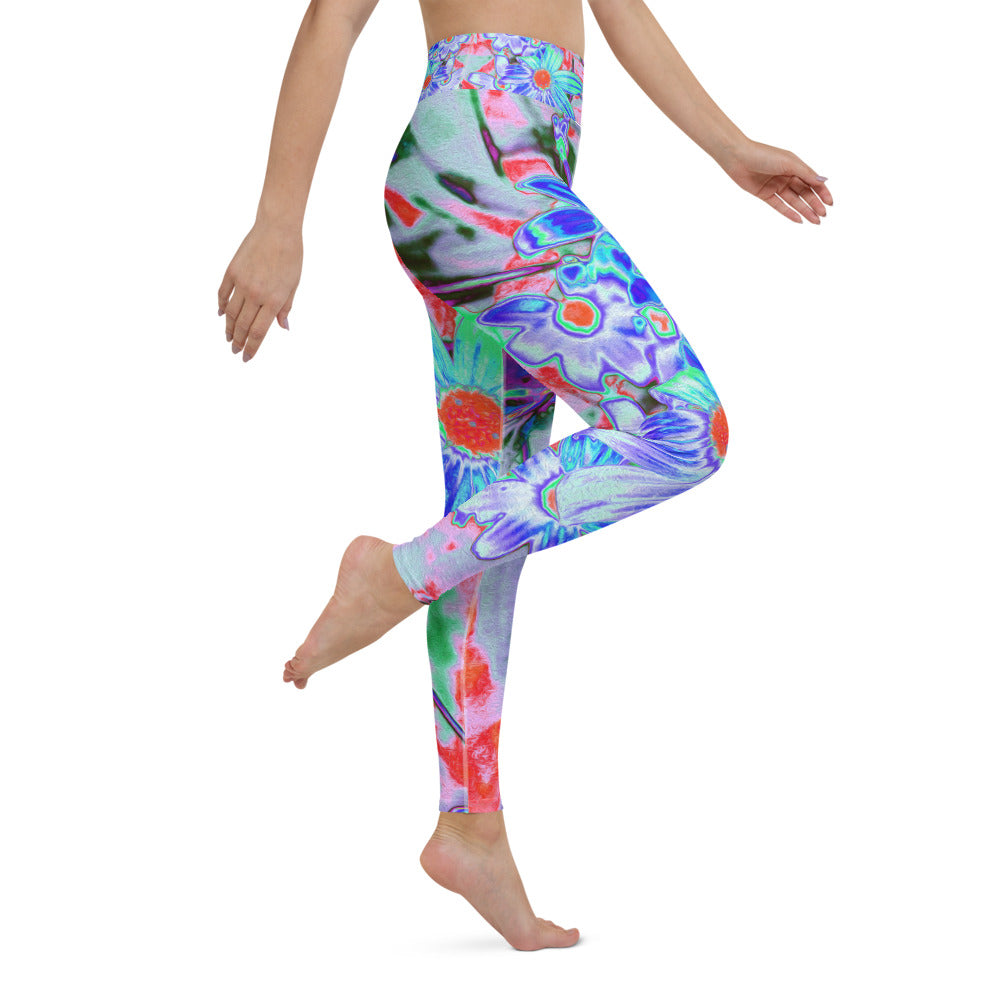 Yoga Leggings, Retro Psychedelic Aqua and Orange Flowers