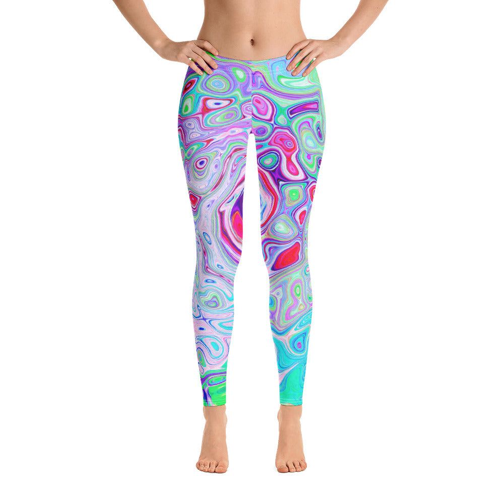 Leggings for Women, Groovy Abstract Retro Pink and Green Swirl