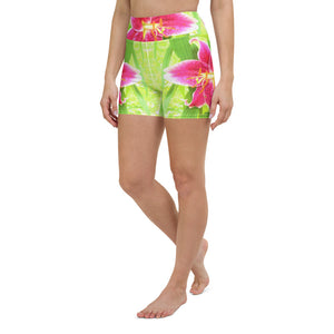 Yoga Shorts for Women, Pretty Deep Pink Stargazer Lily on Lime Green