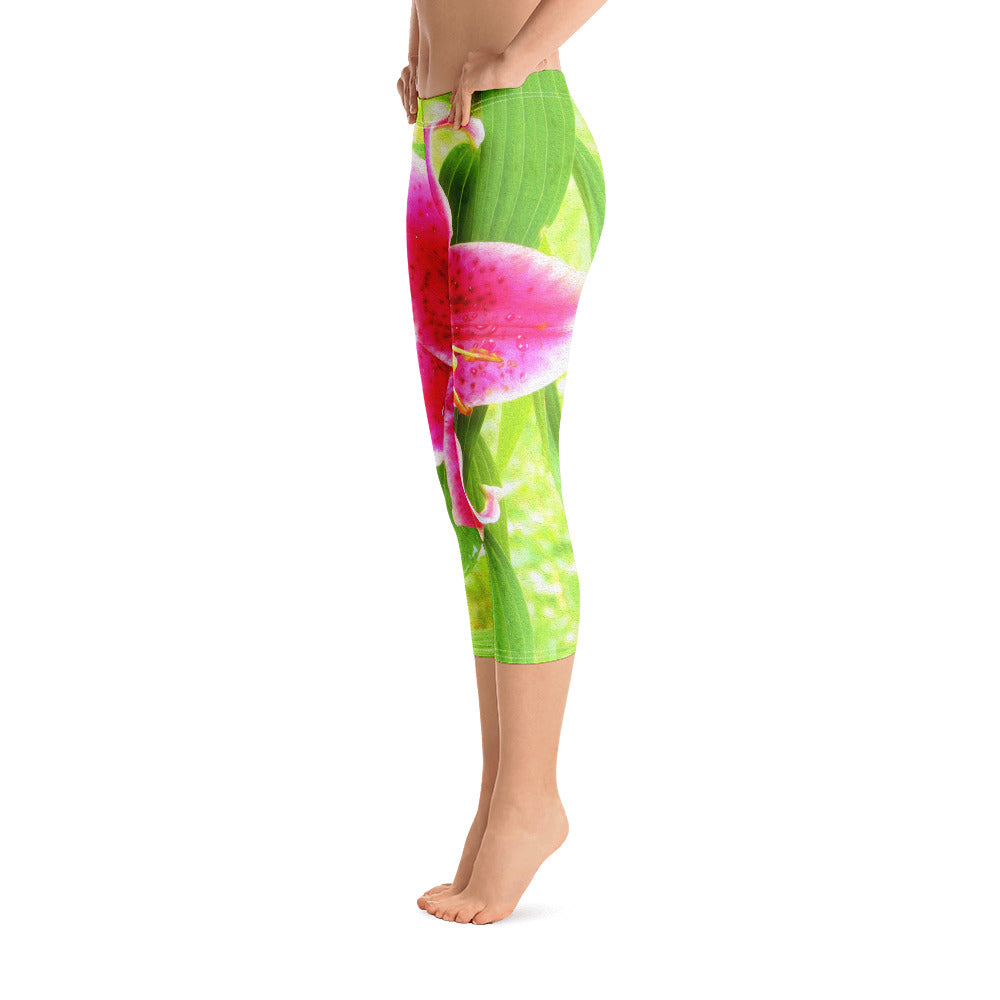 Capri Leggings for Women, Pretty Deep Pink Stargazer Lily on Lime Green