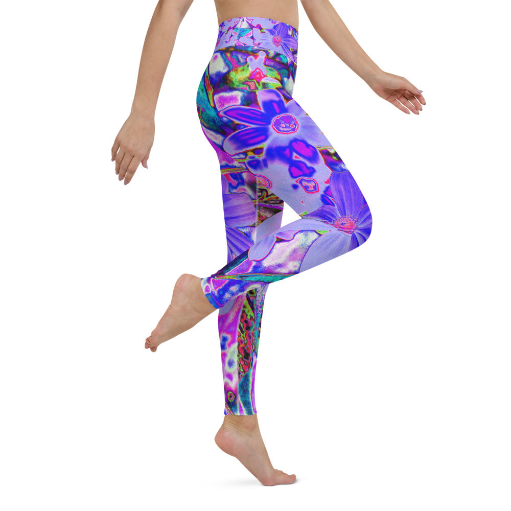 Yoga Leggings for Women, Trippy Purple and Magenta Colorful Wildflowers