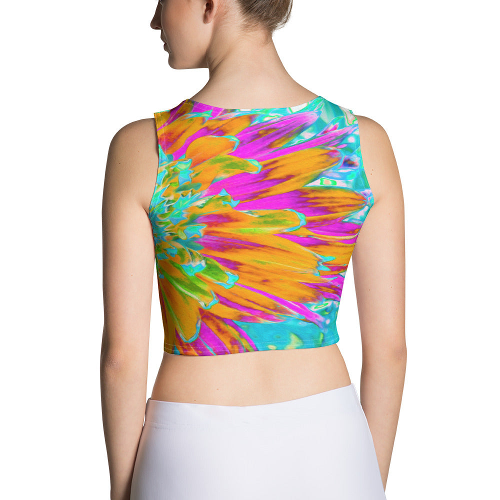 Cropped Tank Top, Tropical Orange and Hot Pink Decorative Dahlia