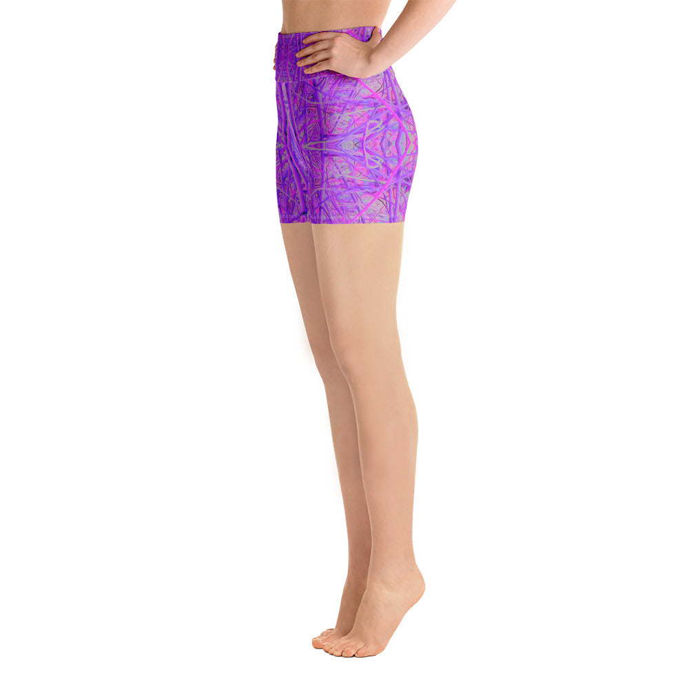 Yoga Shorts, Hot Pink and Purple Abstract Branch Pattern