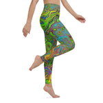 Yoga Leggings for Women, Groovy Abstract Retro Lime Green and Blue Swirl