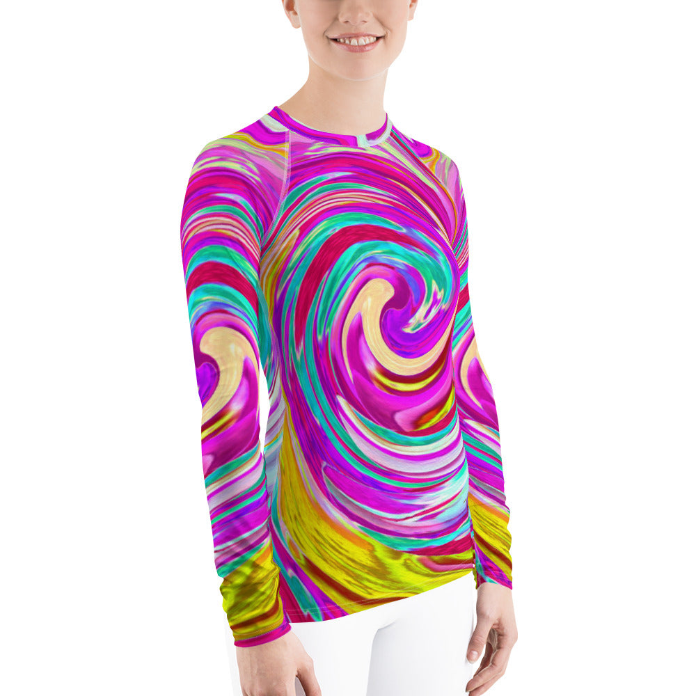 Women's Rash Guard Shirts, Colorful Fiesta Swirl Retro Abstract Design