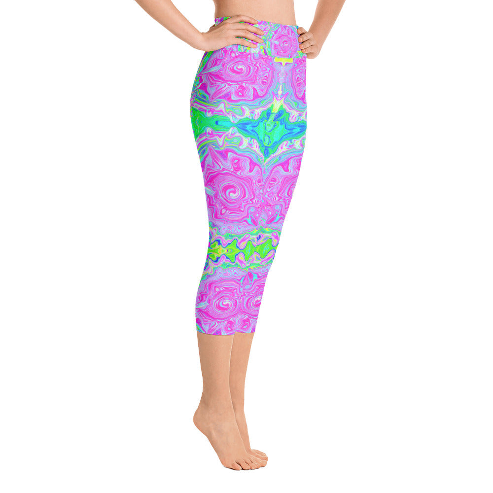 Yoga Capri Leggings, Groovy Aqua, Pink and Pastel Green Liquid Art