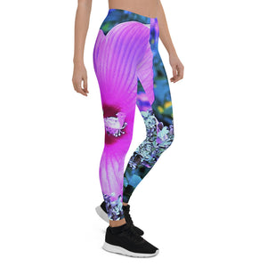Leggings for Women, Pink Hibiscus with Blue Hydrangea Foliage
